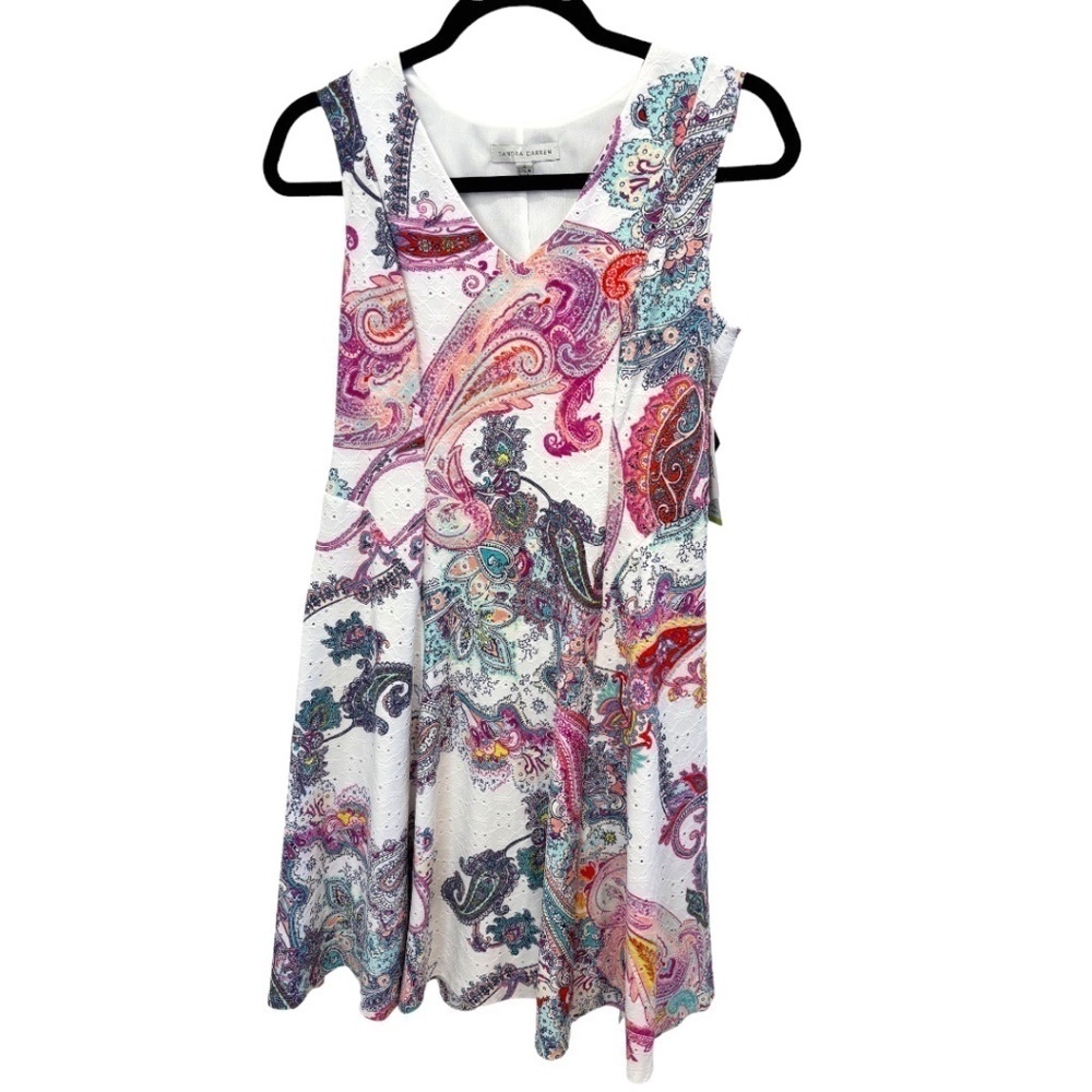 Sandra Darren Paisley Eyelet V-Neck Sleeveless Stretch Knit Dress Size 4 NWT